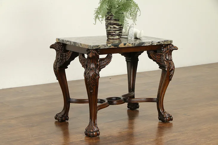 Marble Top Antique Walnut Coffee Table, Carved Eagle Legs #32567