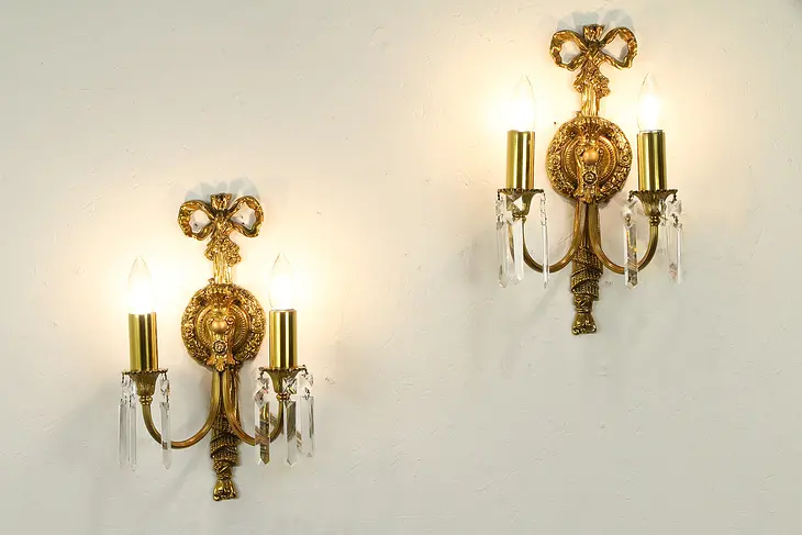 Pair of Vintage Gold Plated Brass Double Wall Sconce Lights #32683