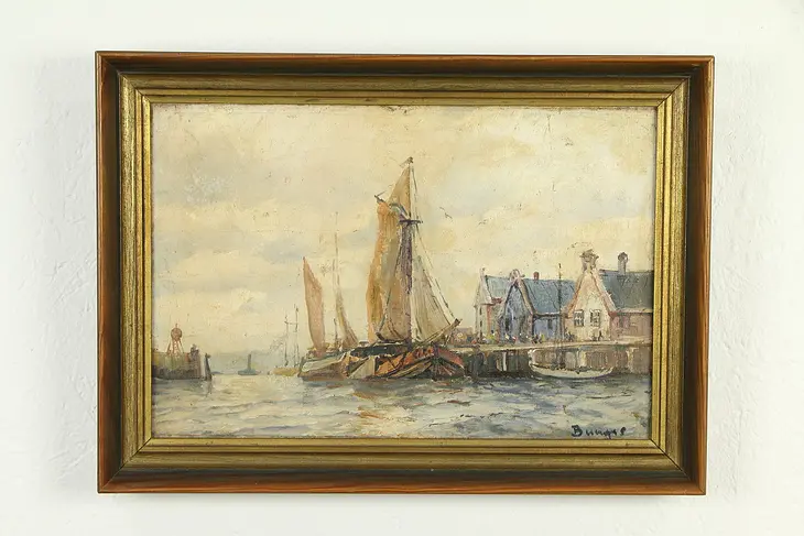 Harbor Scene with Ships, Antique Original Oil Painting, Bungas #32700
