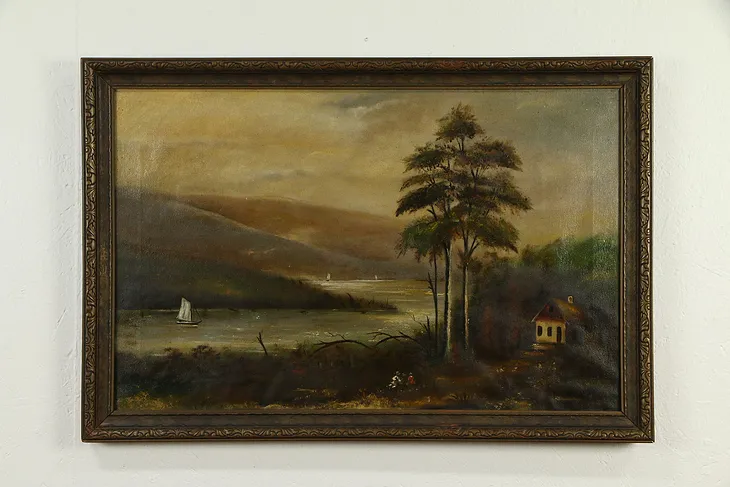 Lake with Sailboats & Cottage Antique Original Oil Painting, Wooster  #32712