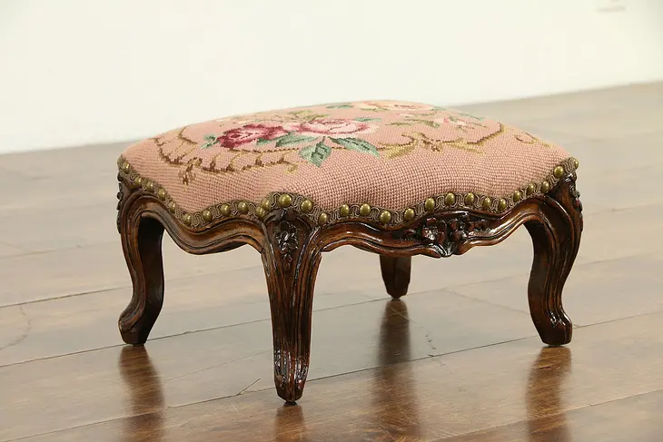 French Antique Hand Carved Footstool, Needlepoint Upholstery #32789