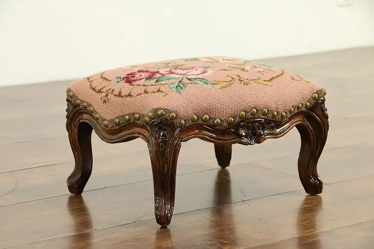 French Antique Hand Carved Footstool, Needlepoint Upholstery #32789