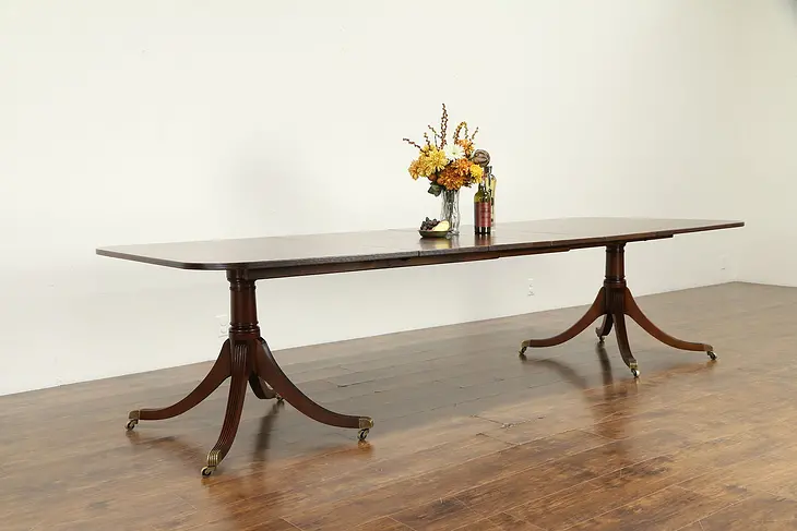 Traditional 10' Antique Banded Mahogany Dining Table 2 Pedestals 4 Leaves #32809