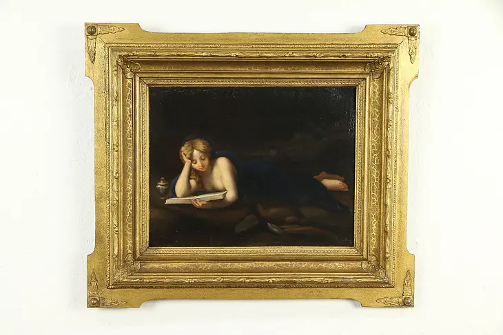 Young Woman Reading a Book, Victorian Antique Original Oil Painting #32856
