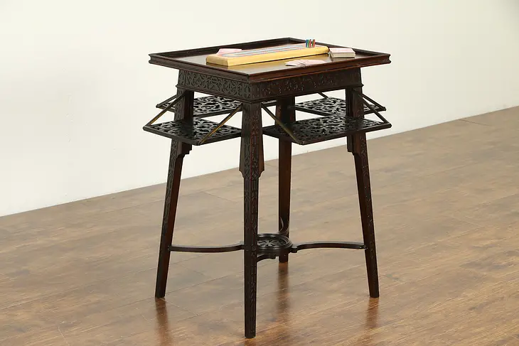 English Antique Mahogany Mah Jong or Game Table, Flip Open Shelves #32888