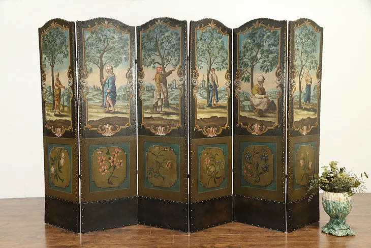 Hand Painted Antique 6 Panel Screen, Renaissance Scenes &  Trompe-l'œil #32906