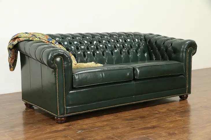 Chesterfield Green Tufted Leather Vintage Couch, Nailhead Trim #32985