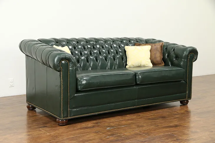Chesterfield Green Tufted Leather Vintage Couch, Nailhead Trim #32986