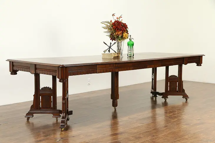 Victorian Eastlake Antique Walnut Dining Table, 6 Leaves, Extends 115" #33009