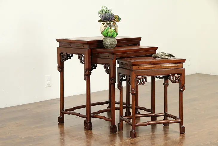 Set of 3 Vintage Chinese Nesting Tables, Carved Rosewood & Burl #33063