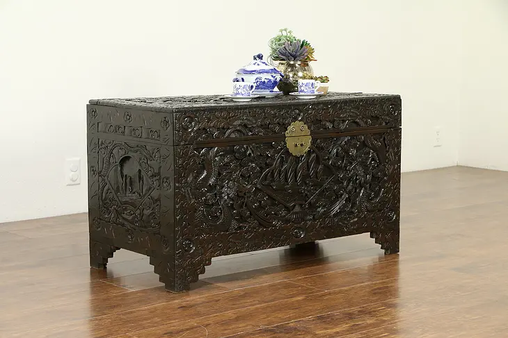 Chinese Vintage Carved Camphor Dowry Chest, Trunk or Coffee Table #33095