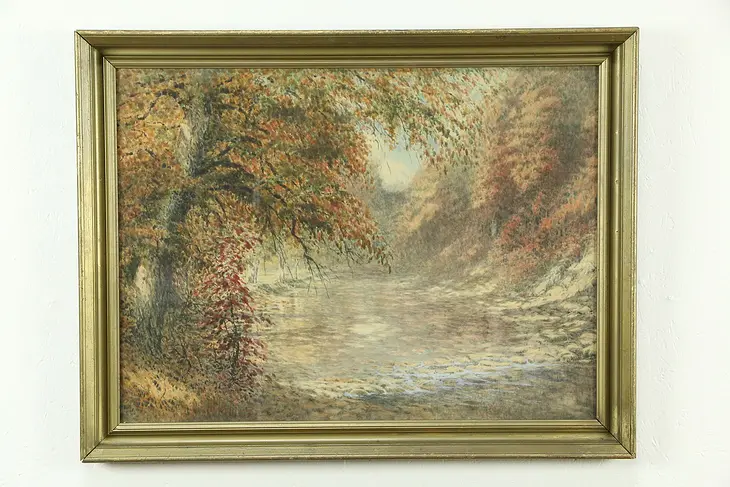 Autumn Trees & Pond, Vintage Print, Gold Frame, C. W. Potter  #33162