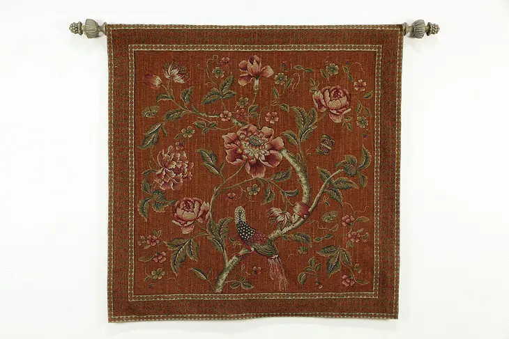 Flowers & Bird Vintage Tapestry with Carved Hanging Rod #33257
