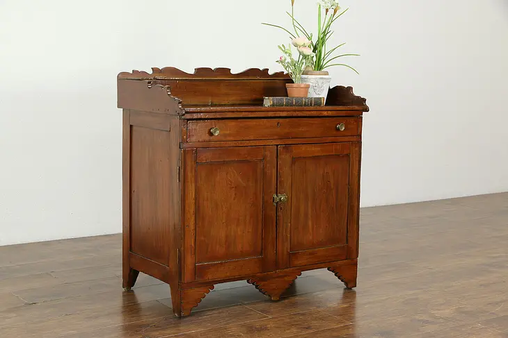 Folk Art Carved Maple Antique Kitchen Pantry Cabinet, Bar or Washstand #33316