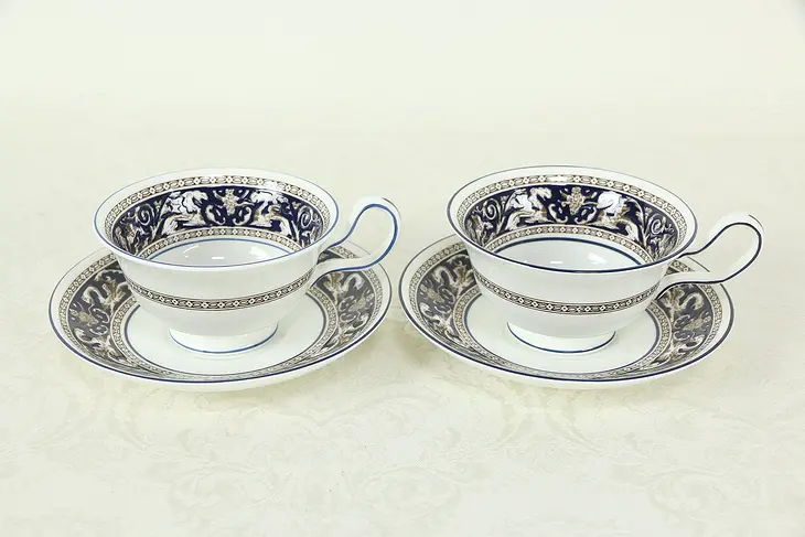 Wedgwood Cobalt Blue Florentine Pattern Pair of Cups and Saucers #33355