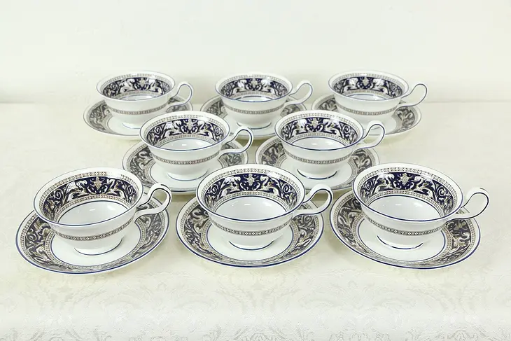 Wedgwood Cobalt Blue Florentine Pattern Set of 8 Coffee Cups & Saucers  #33356