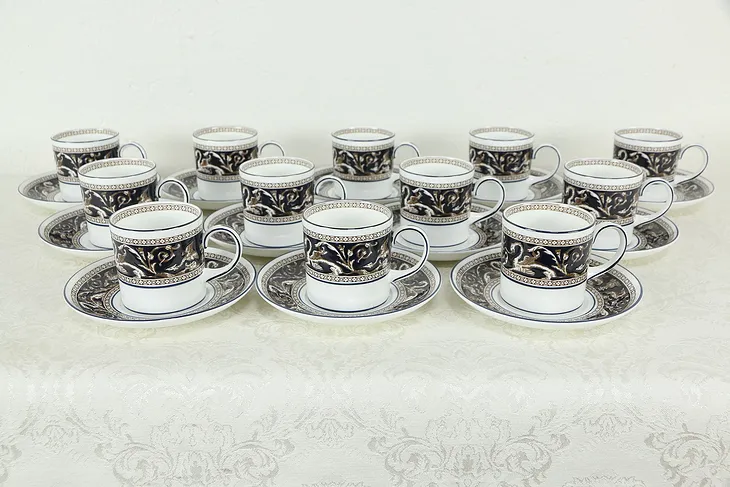 Wedgwood Cobalt Blue Florentine Pattern Set 12 Demitasse Cups & Saucers #33359
