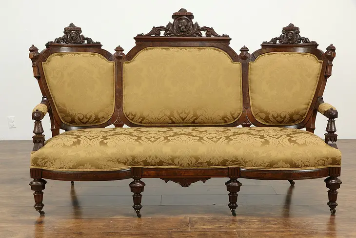 Victorian Renaissance Antique Carved Walnut Sofa, New Upholstery, Jelliff #33380
