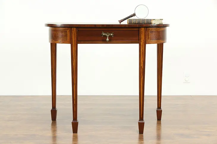 Inlaid Demilune Antique Hall Console Table, Mahogany & Satinwood  #33407
