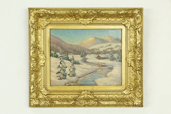 Winter Cabin and Mountains Original Vintage Oil Painting, Brian Weldon  #33478