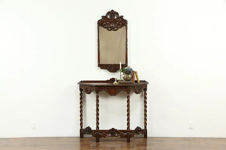 English Tudor Style Antique Carved Walnut Hall Console & Mirror Set #33972
