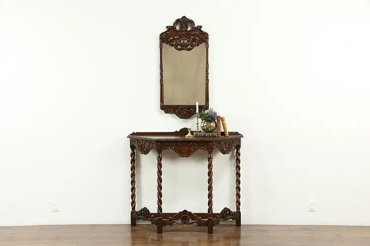 English Tudor Style Antique Carved Walnut Hall Console & Mirror Set #33972