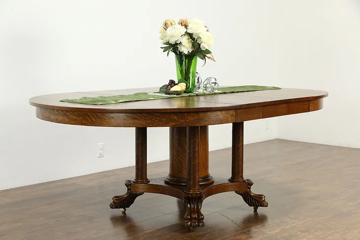 Quarter Sawn Oak Antique 54" Round Dining Table 3 Leaves Lion Paw Feet #34145