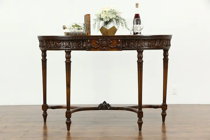 Demilune Half Round Antique Carved Walnut Hall Console Table #34010