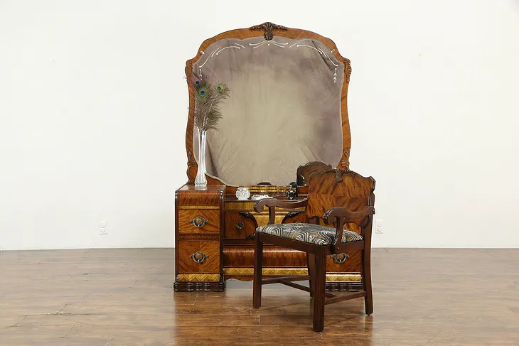 Art Deco Waterfall Vanity and Chair, Beveled Mirror, Bakelite Pulls #34214