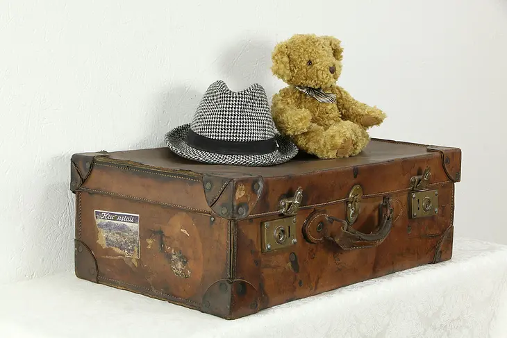 Leather Antique Suitcase, European Spa & Hotel Labels  #33569