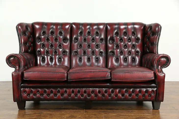 English Vintage Chesterfield Tufted Leather Sofa, Brass Nail Head Trim #33752