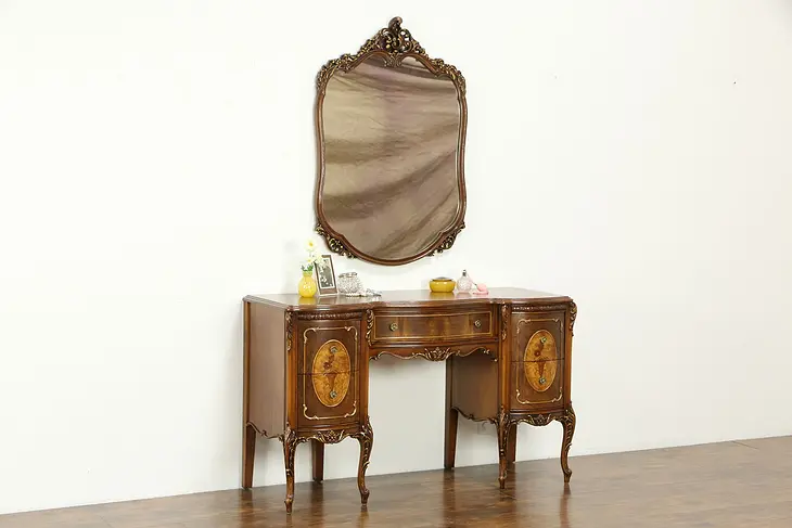 French Style Vintage Carved & Marquetry Vanity or Desk with Mirror #34478