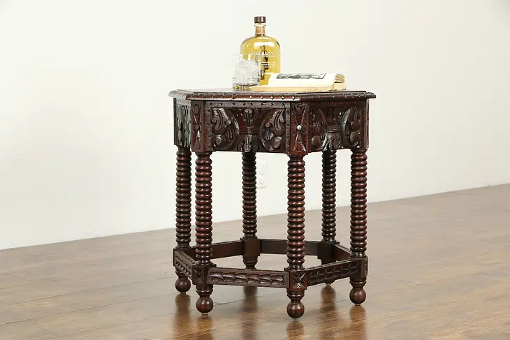 English Tudor Antique Carved Walnut Hexagonal Lamp Table #33576