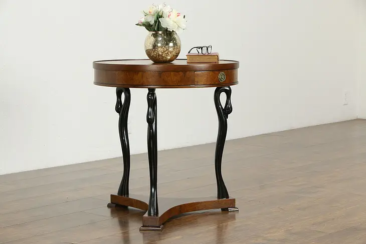 Swan Leg Round Vintage Italian Lamp Table, Chestnut Sunburst Top #34720