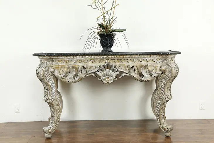 Renaissance Carved Modern Whitewash & Gold Hall Table, Granite Top #34392