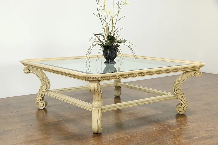 Renaissance Design Giant Coffee Table, Crackled Paint, Beveled Glass #34968