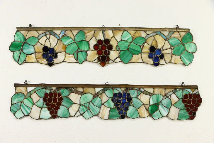 Pair of Grape Motif Antique Stained Glass Hand Leaded Window Fragments #34419