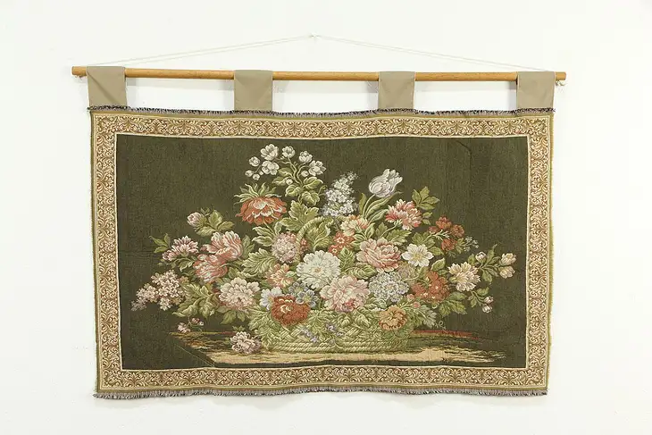 Floral Vintage Tapestry with Border, Wall Hanging Rod, Italy 48" #35003