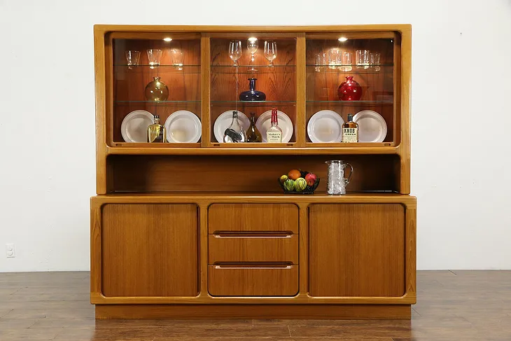 Teak Midcentury Modern Style Sideboard & Lighted China Cabinet, Sun #35151