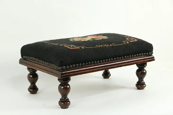 Victorian Antique Maple Footstool, Needlepoint Upholstery #35273