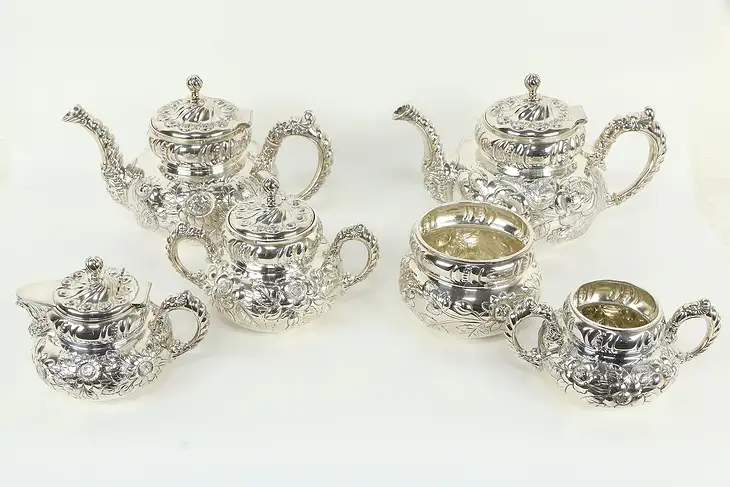 Victorian Antique Silverplate Roses 6 pc Tea & Coffee Set, Meriden #35274