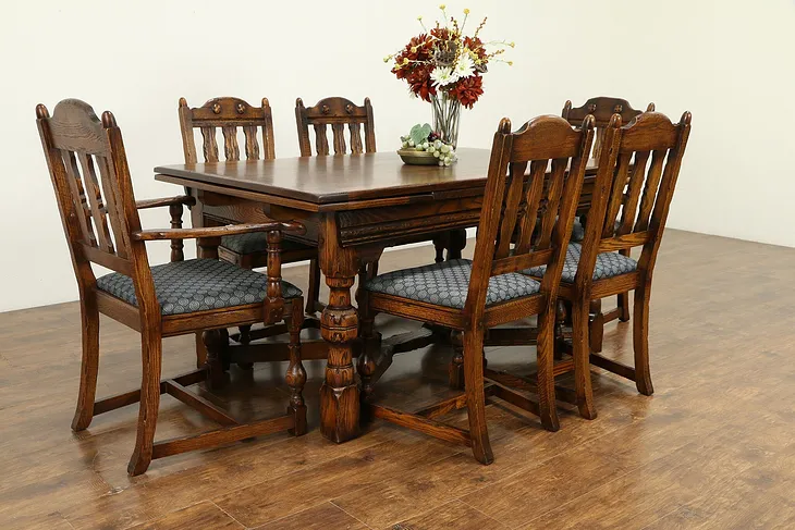 Oak English Tudor Antique 1920 Dining Set, Table, 2 Leaves, 6 Chairs #35295