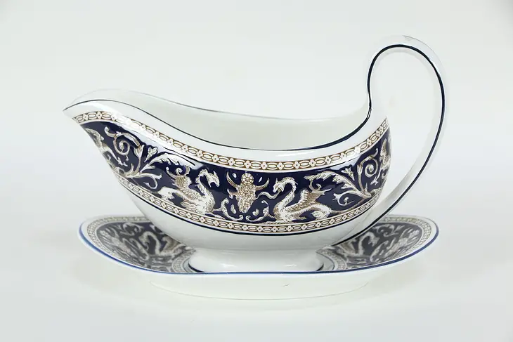 Wedgwood Blue Florentine Dragon Pattern Gravy Boat with Underplate #35564