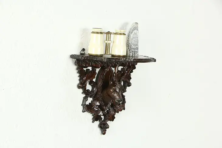 Black Forest Antique Carved Walnut Wall Shelf, Deer, Oak Leaf & Acorns #34312