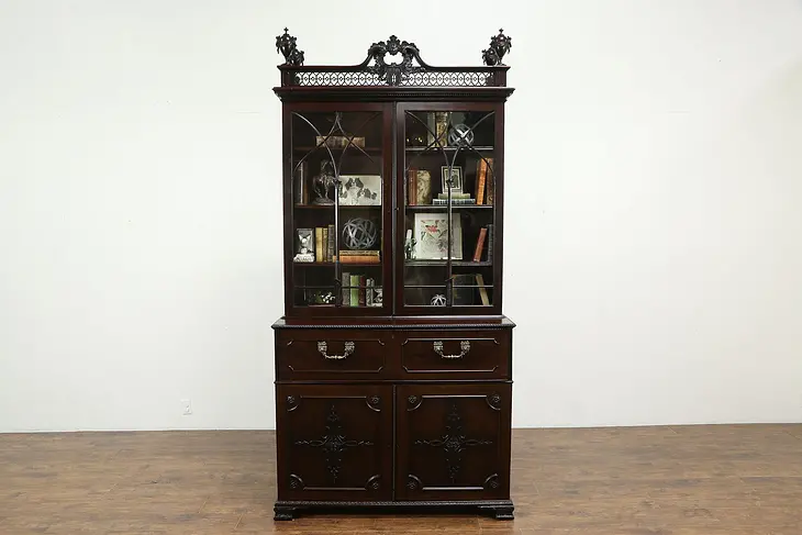 English Antique 1850 Carved Mahogany 8' 8" Secretary Desk & Bookcase #34942