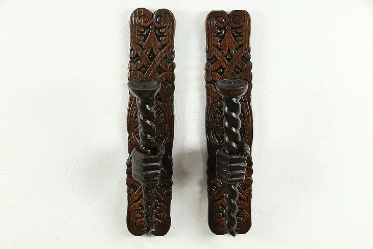 Pair of Antique Pine Wall Candle Sconces, Carved Pine Hand Holders #35062