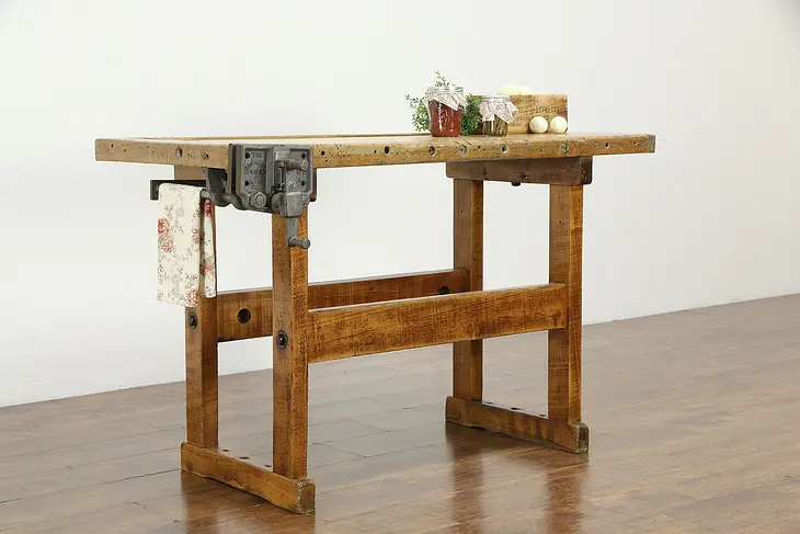 Carpenter Antique Maple Workbench, Kitchen Island or Wine & Cheese Table #35177