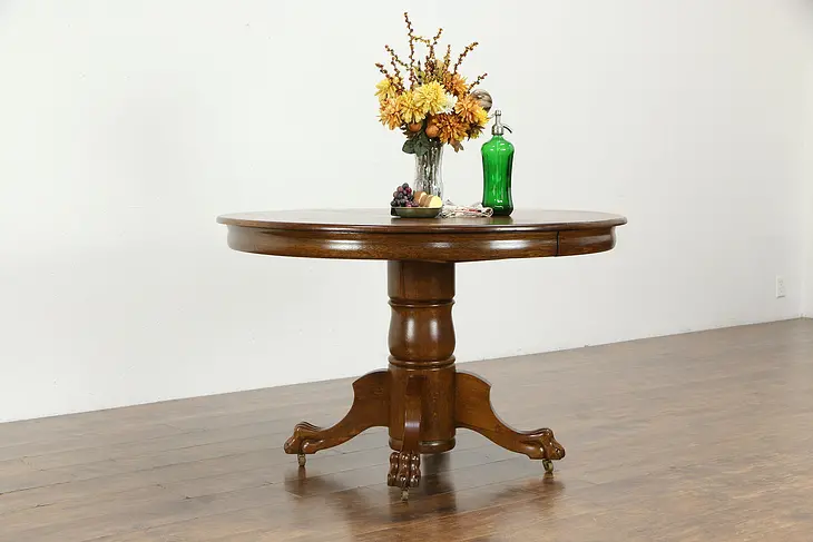 Victorian Antique 4'' Round Oak Dining Table, 2 leaves, Lion Paw Feet #35652