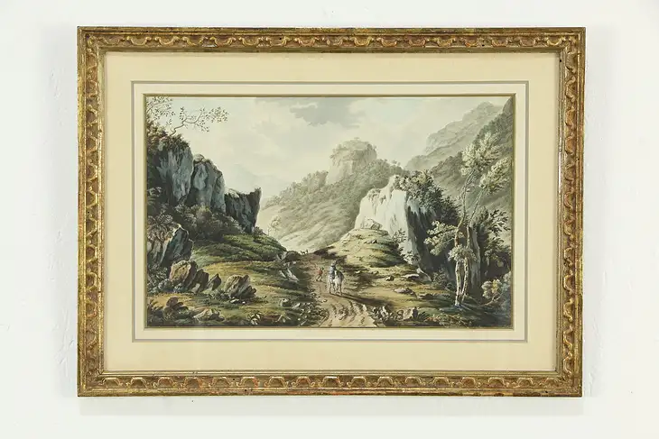 Travelers in the Alps Original Antique Watercolor Painting 21" #33645