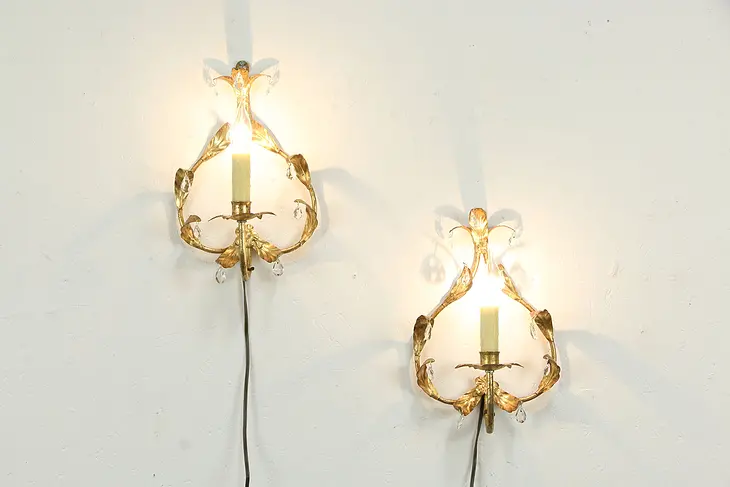 Pair of Italian Vintage Wall Sconce Lights, Crystal Prisms #34183